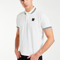 Model wearing a 'Relate' white men's polo shirt sale