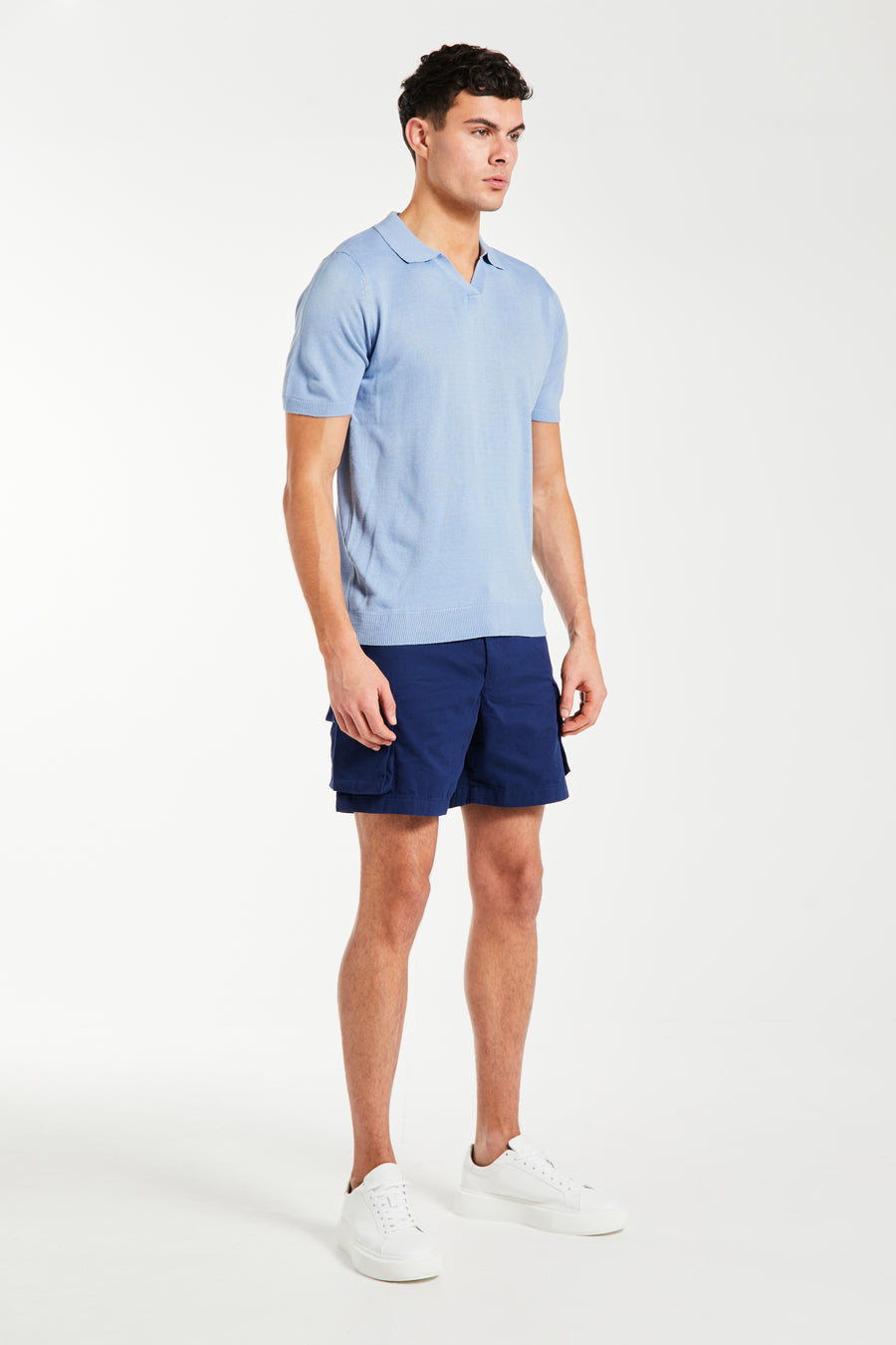V-neck knitted polo in powered blue