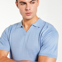 Men's 'kofi' knitted polo in powder blue with a v-neck