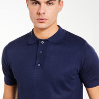 button up men's knitted polo in dark blue