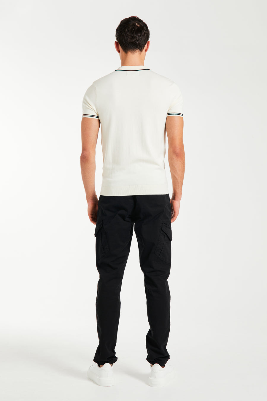 back profile of zip polo t-shirt for men in nimbus cloud