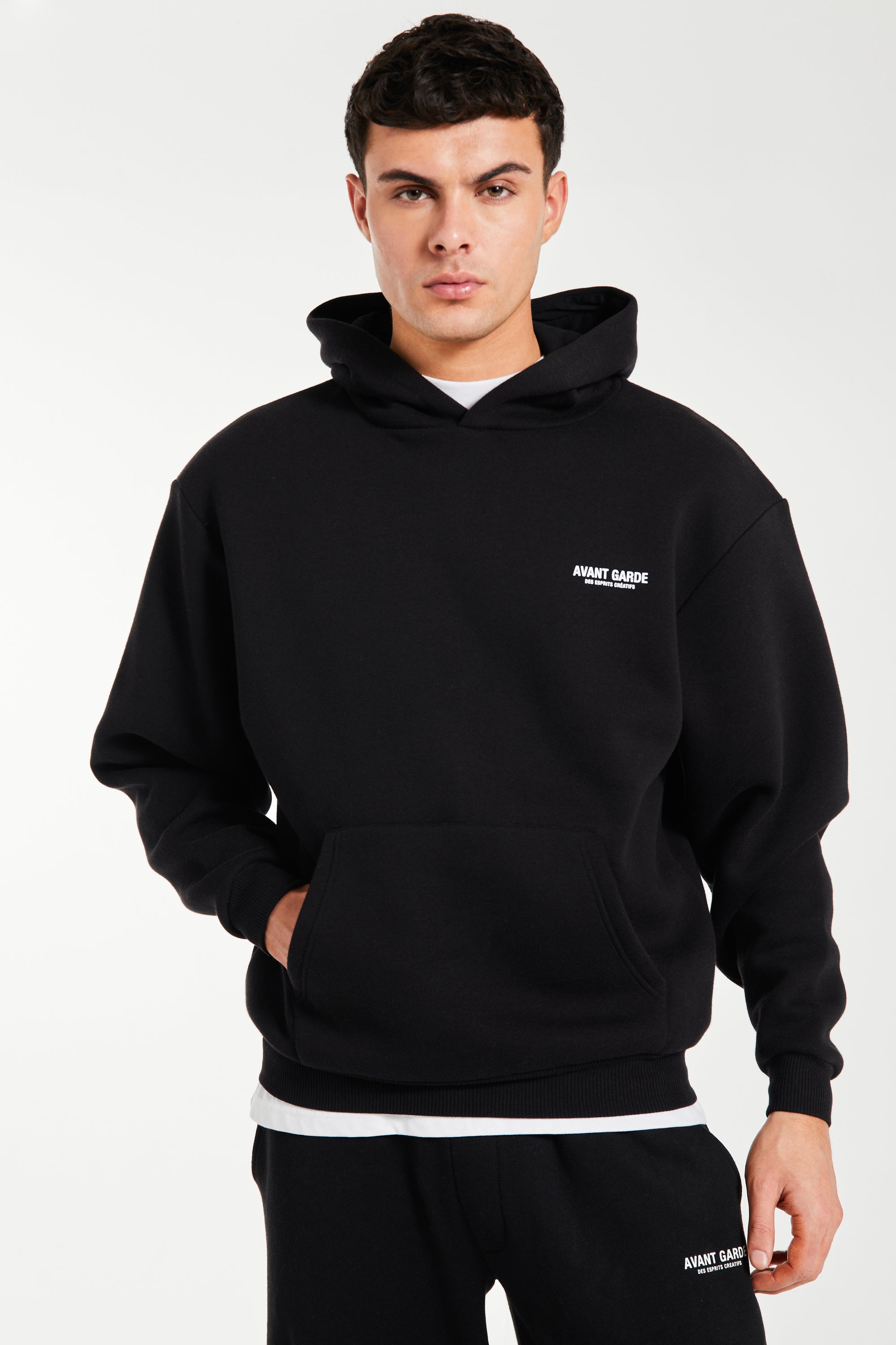 Close up of mens black hoodie by Avant Garde