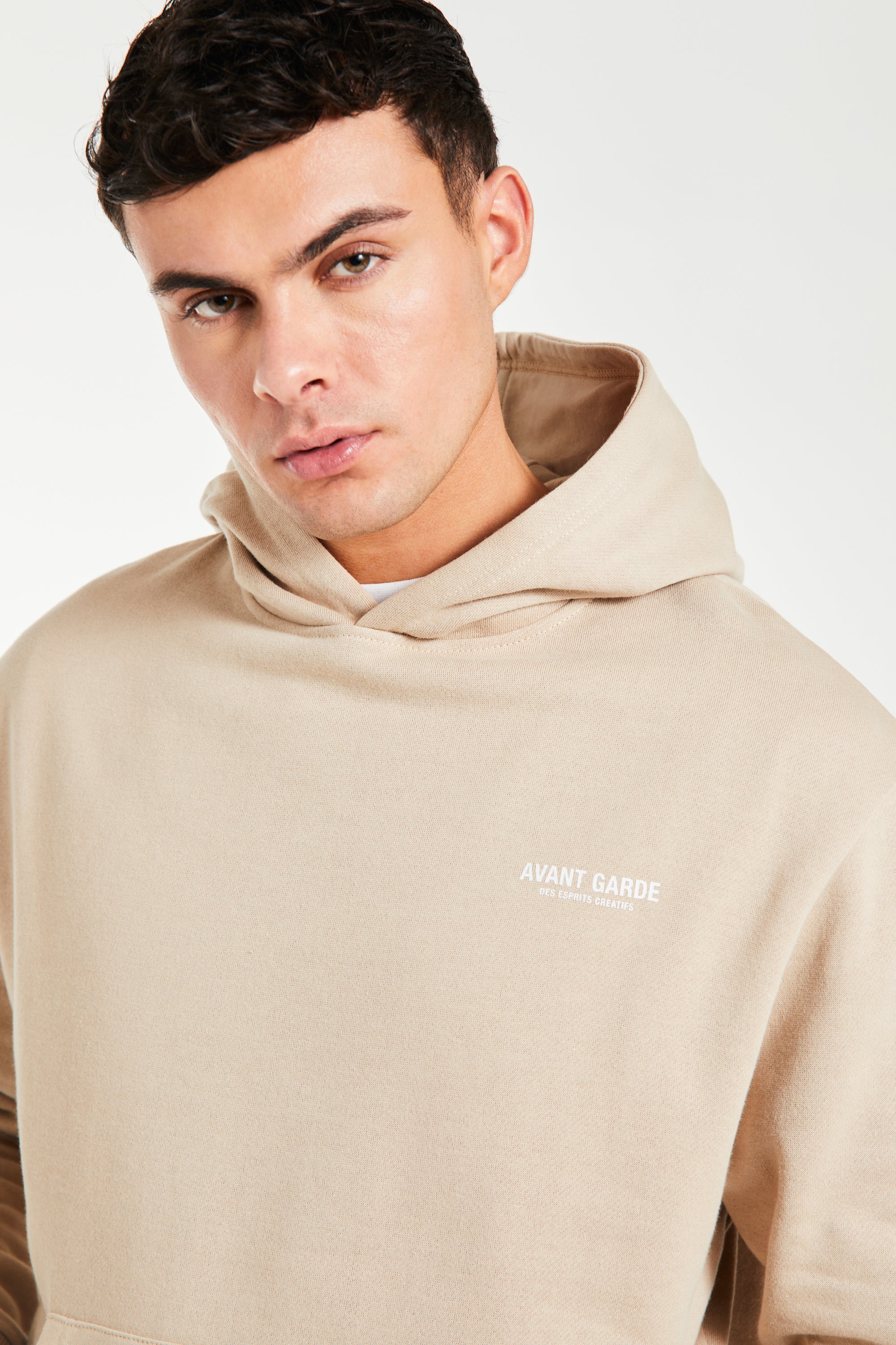 Mens taupe hoodie close up logo detail