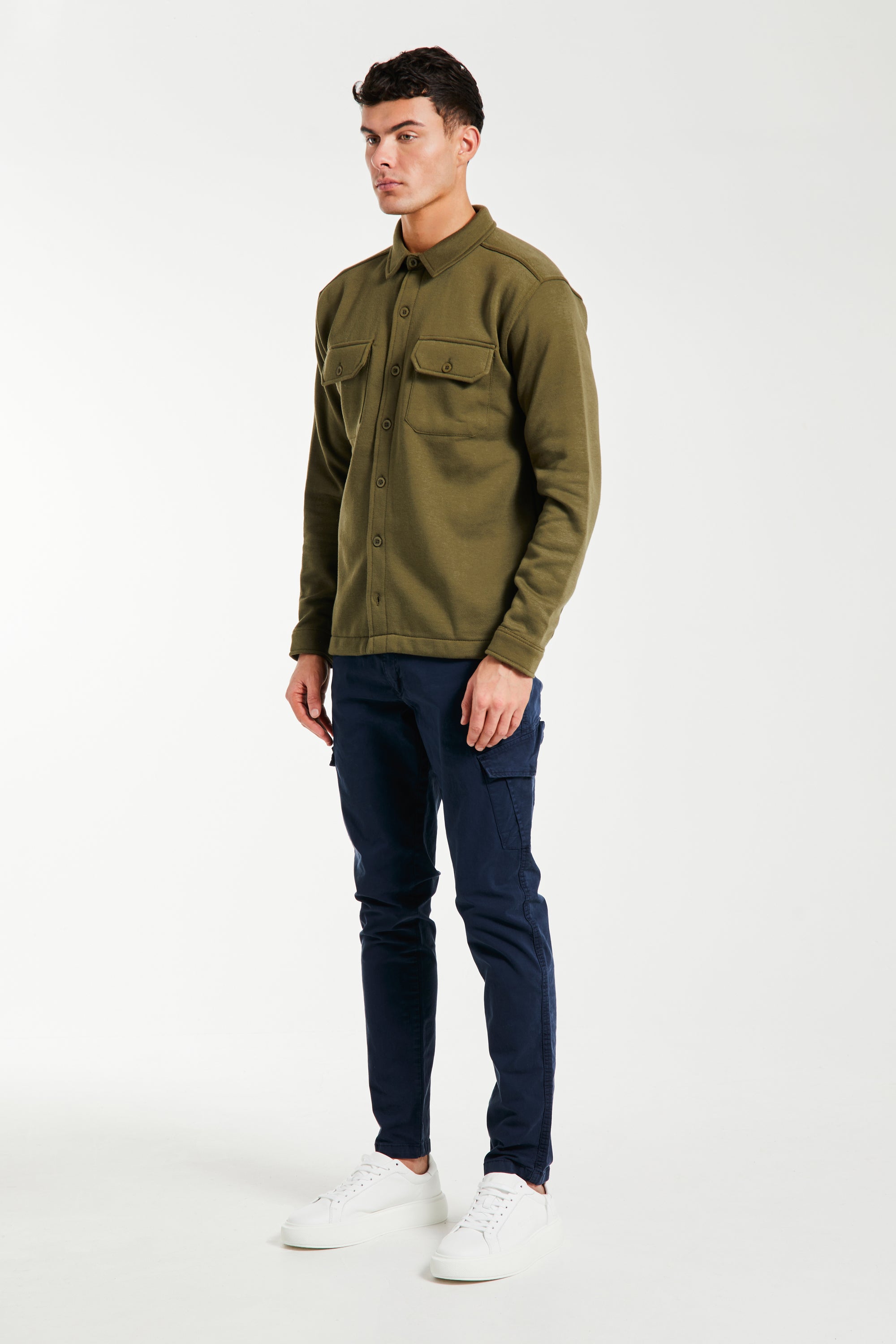 side profile of dark green men's over shirt jacket
