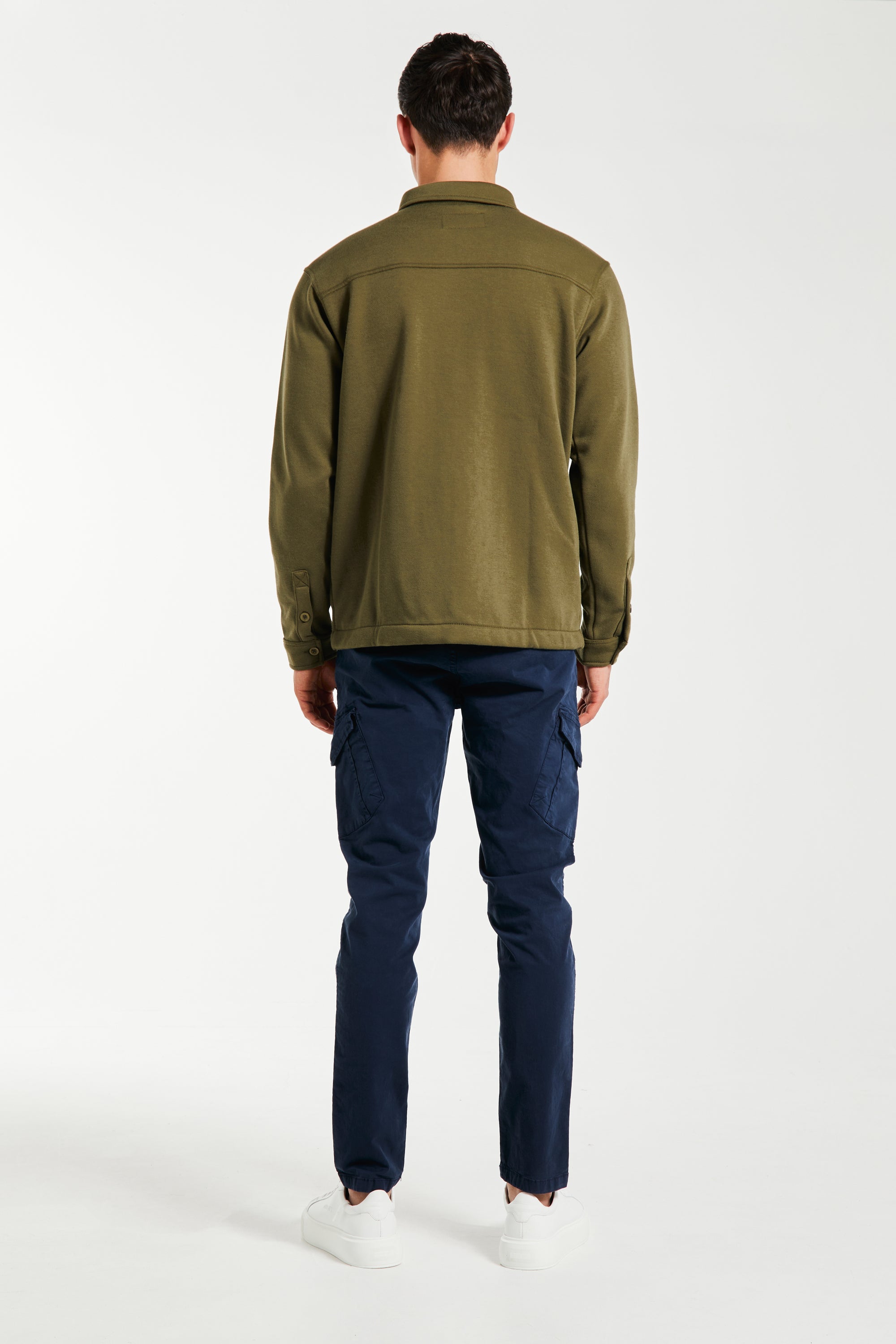 back profile of men's shacket in dark green