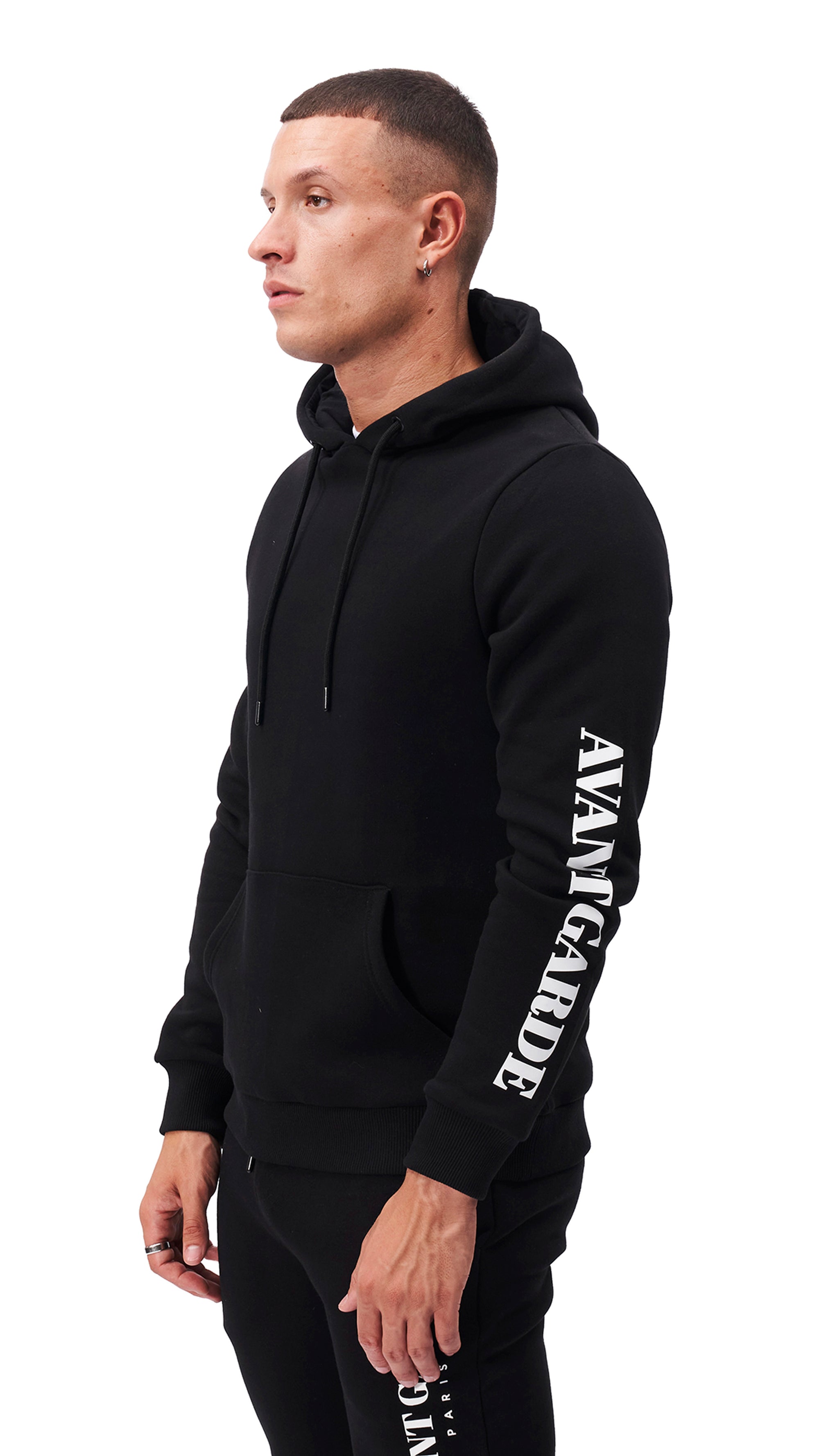 Mens black hoodie with arm logo
