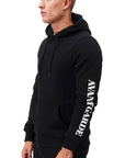 Mens black hoodie with arm logo