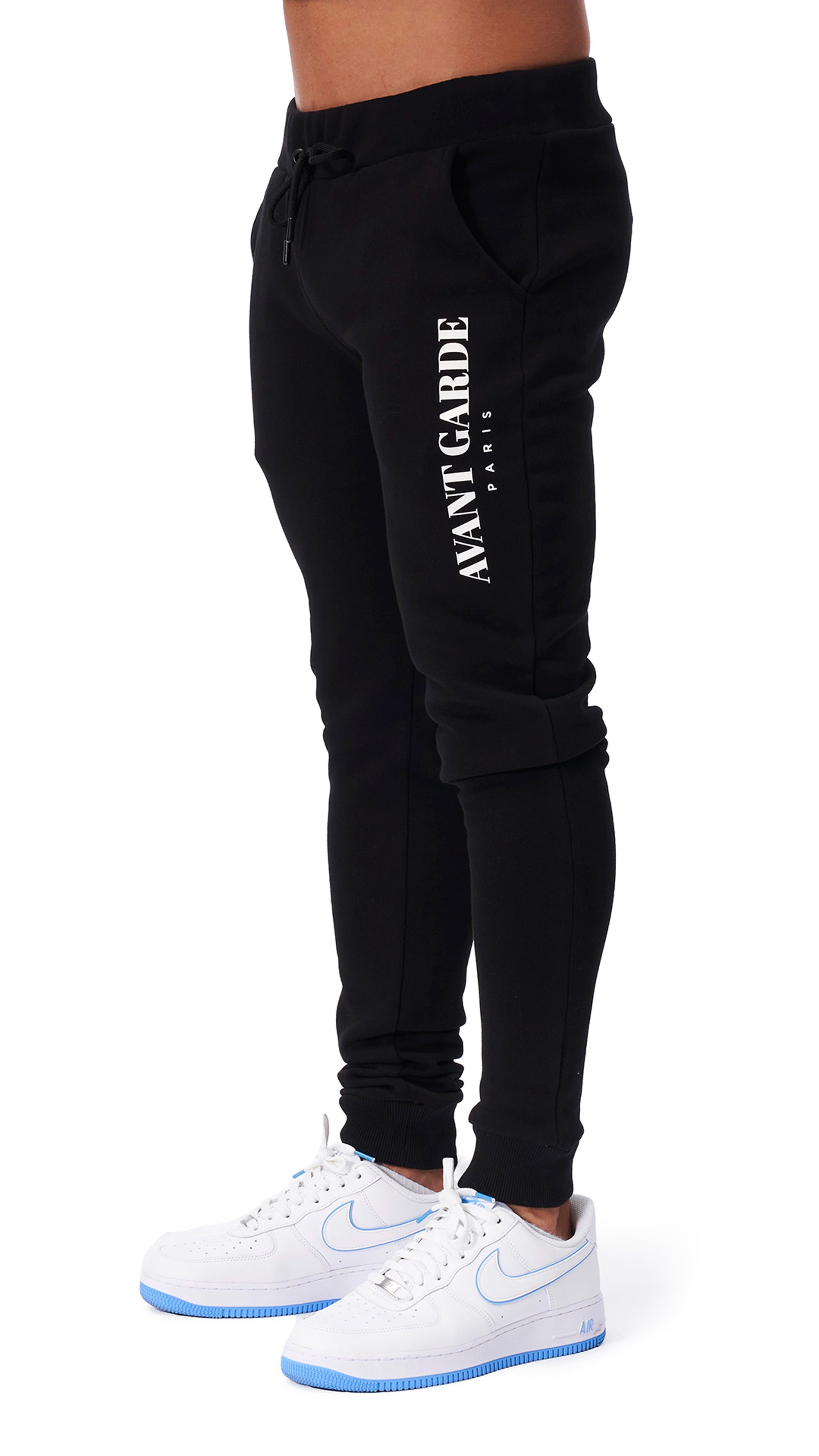 Mens black jogger side profile, logo detail