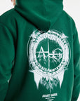 back profile of mens twin set hoodie in dark green with white 'Avant Garde' Logo