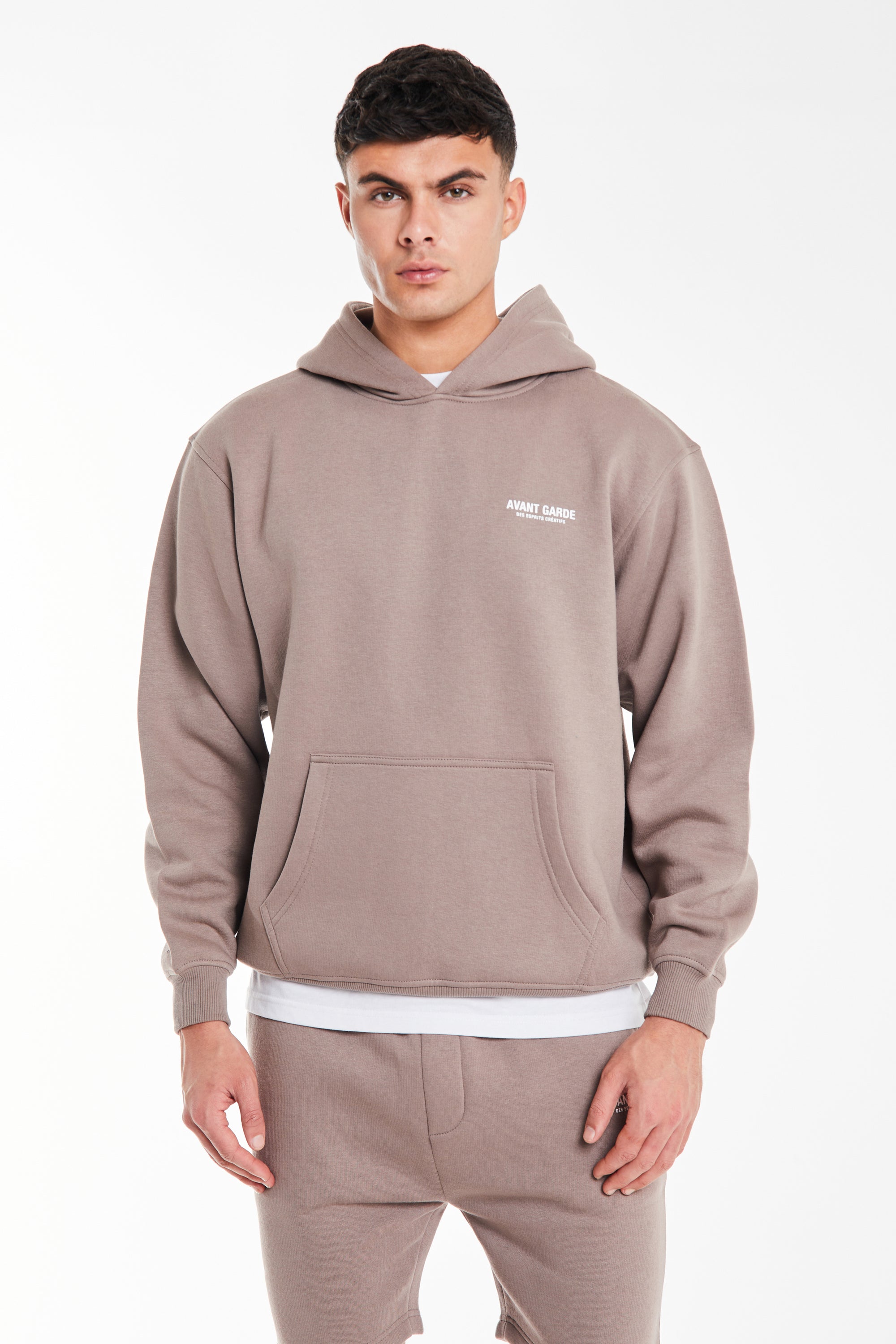 Model wearing mink brown hoodie sale