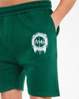 Forest green mens twin short sets close up of shorts with logo