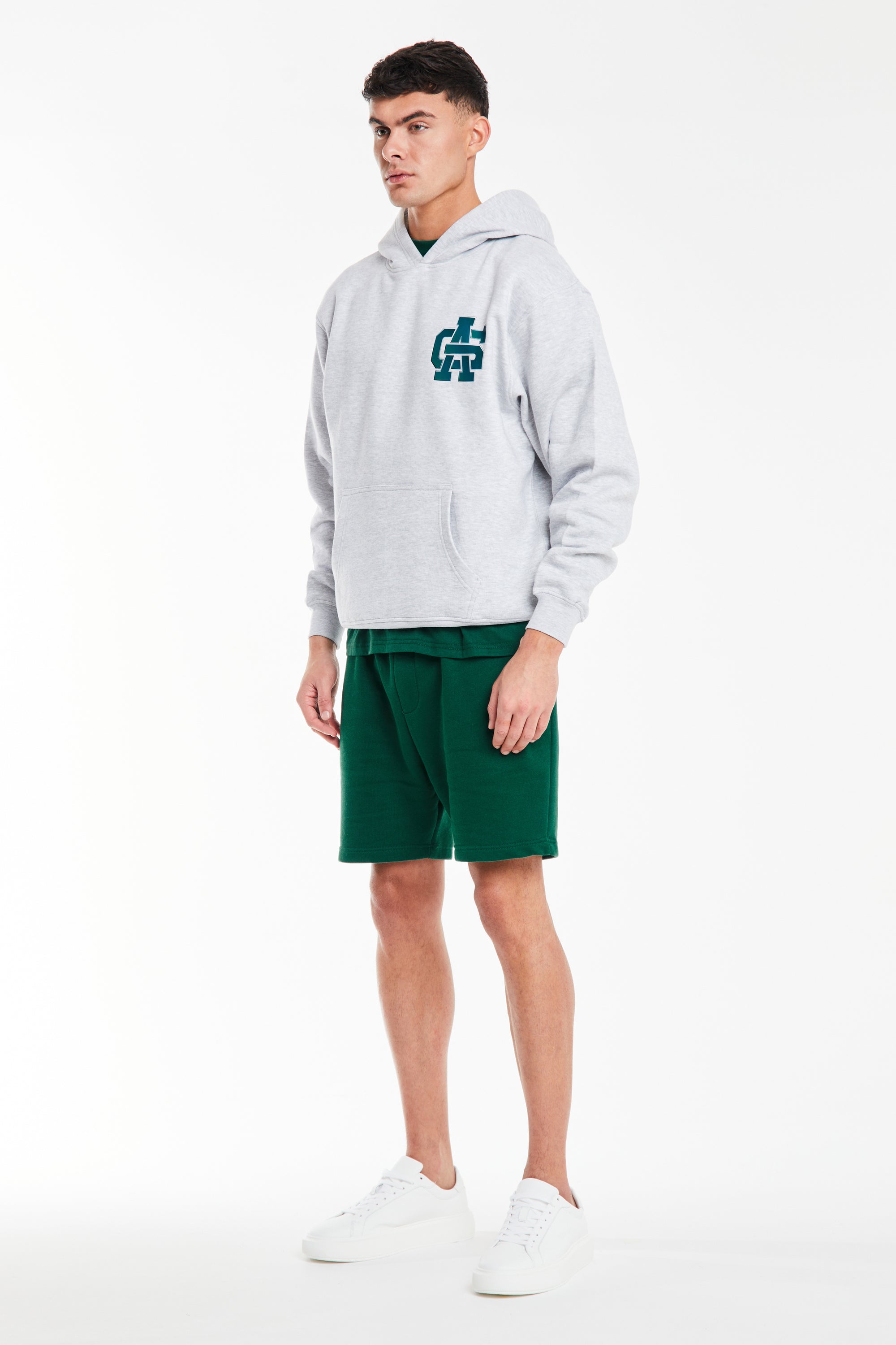 model wearing men's hoodies sale in light grey