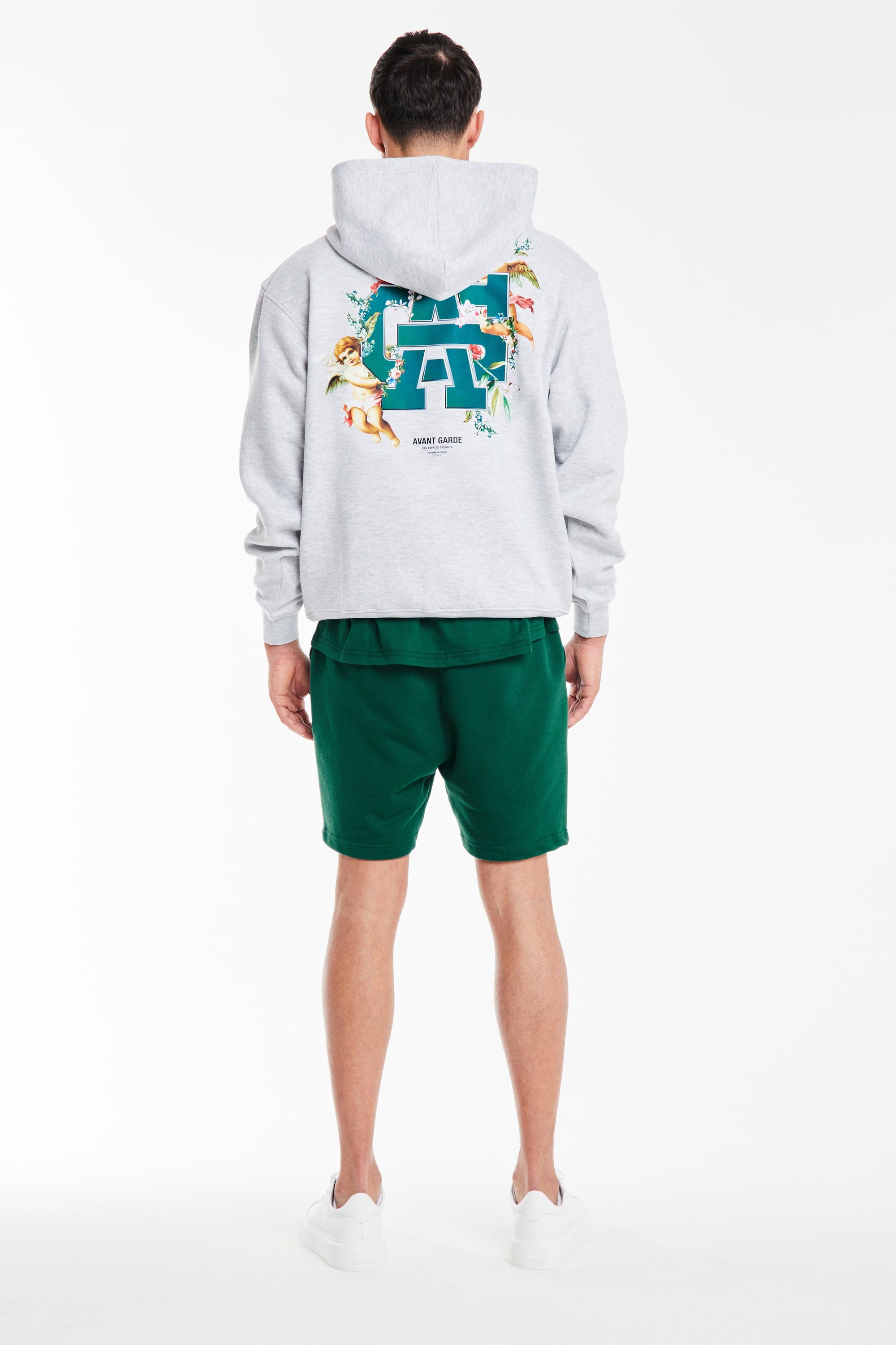 back profile of 'avant garde paris' logo on back of mens hoodie sale in grey