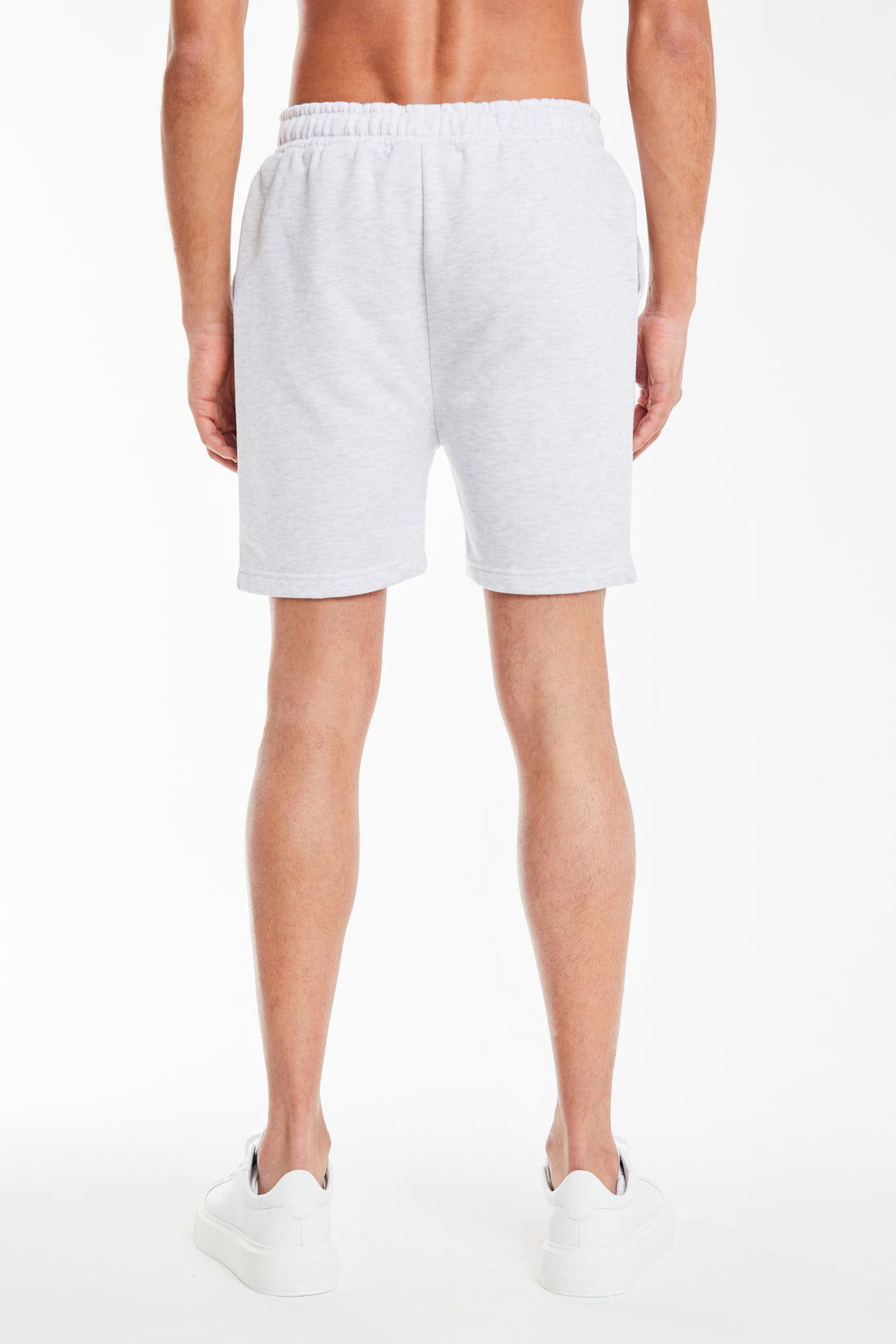 back profile of mens jersey shorts in light grey