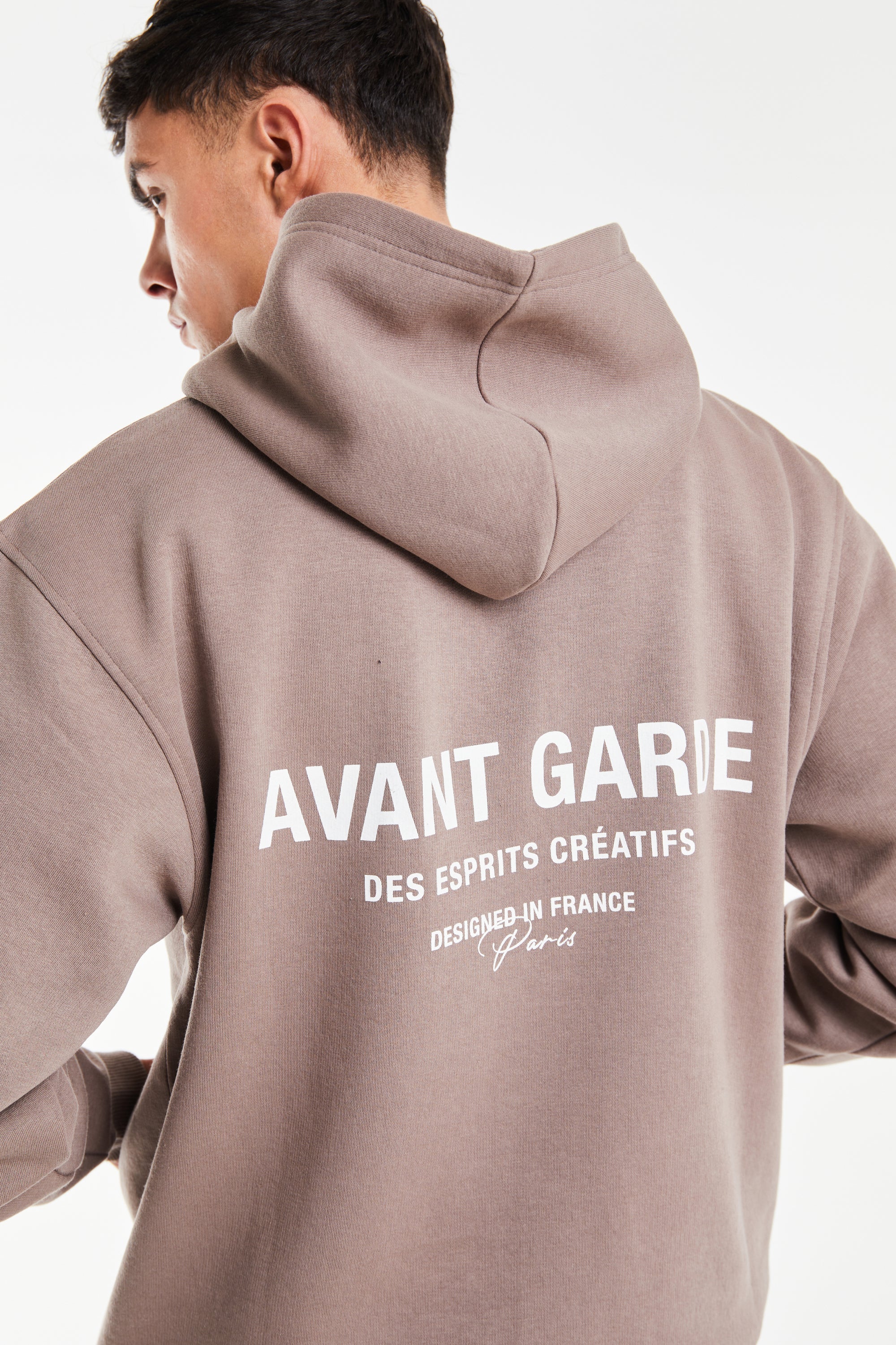 back profile of mink men's hoodies back 'Avant Garde Paris' logo