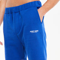 close up of royal blue men's jersey shorts sale with 'avant garde paris' logo