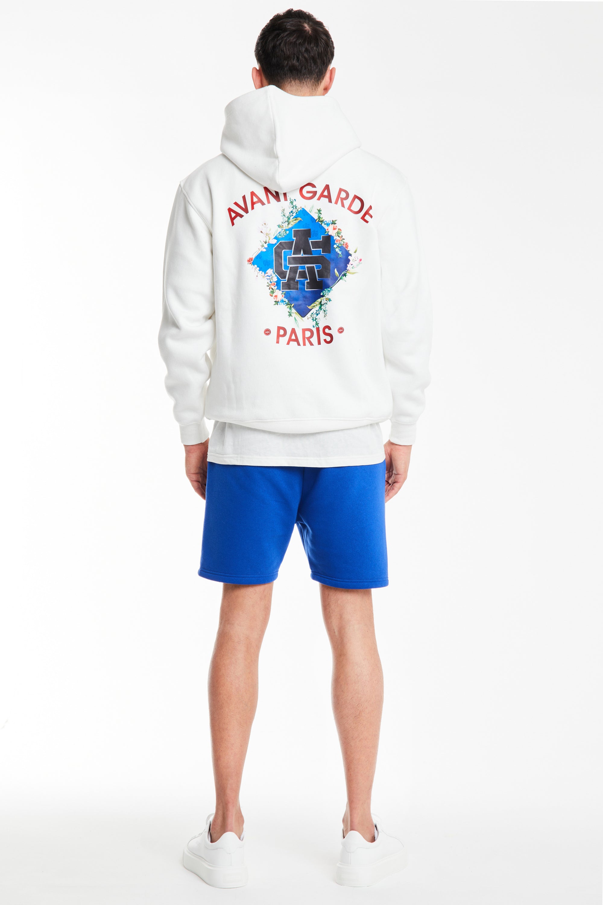 Back profile of men's off-white hoodie with 'Avant Garde Logo' abstract logo