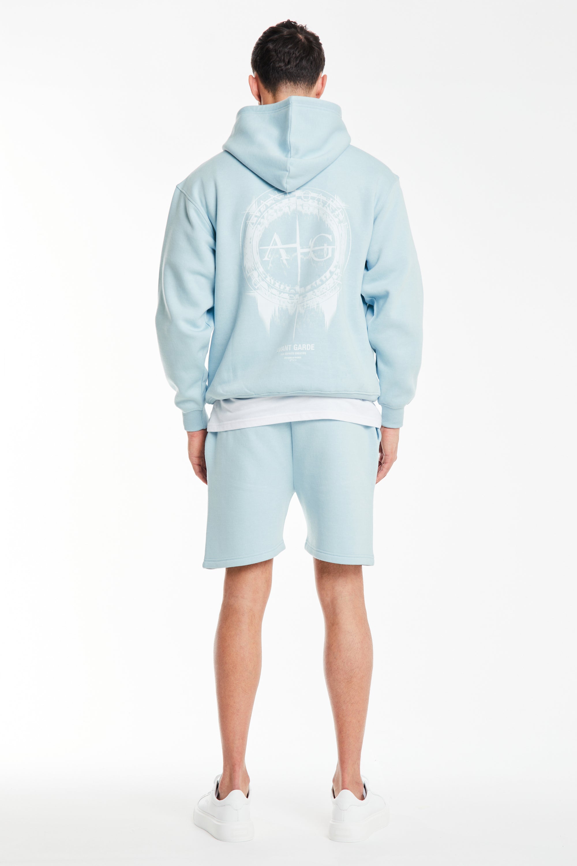 back profile of light blue co ord sets for men