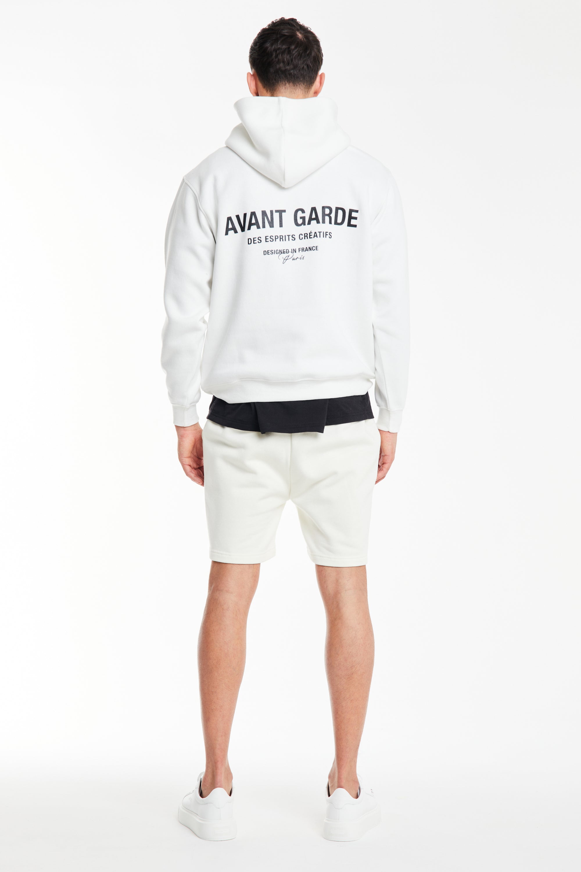 back profile of men's hoodies sale in white with 'Avant Garde' logo
