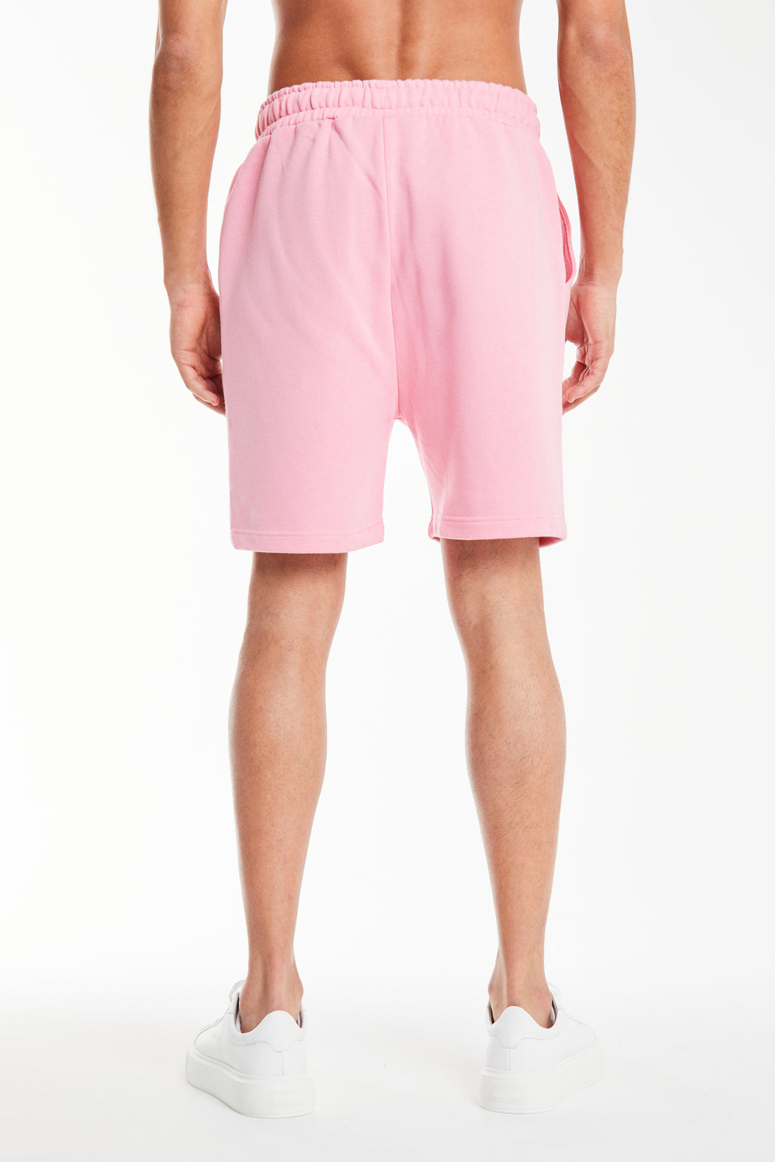 back profile of men's jersey shorts in light pink
