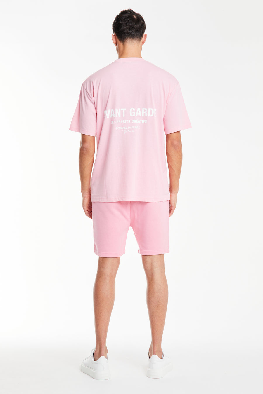 back profile of mens jersey shorts sale in baby pink