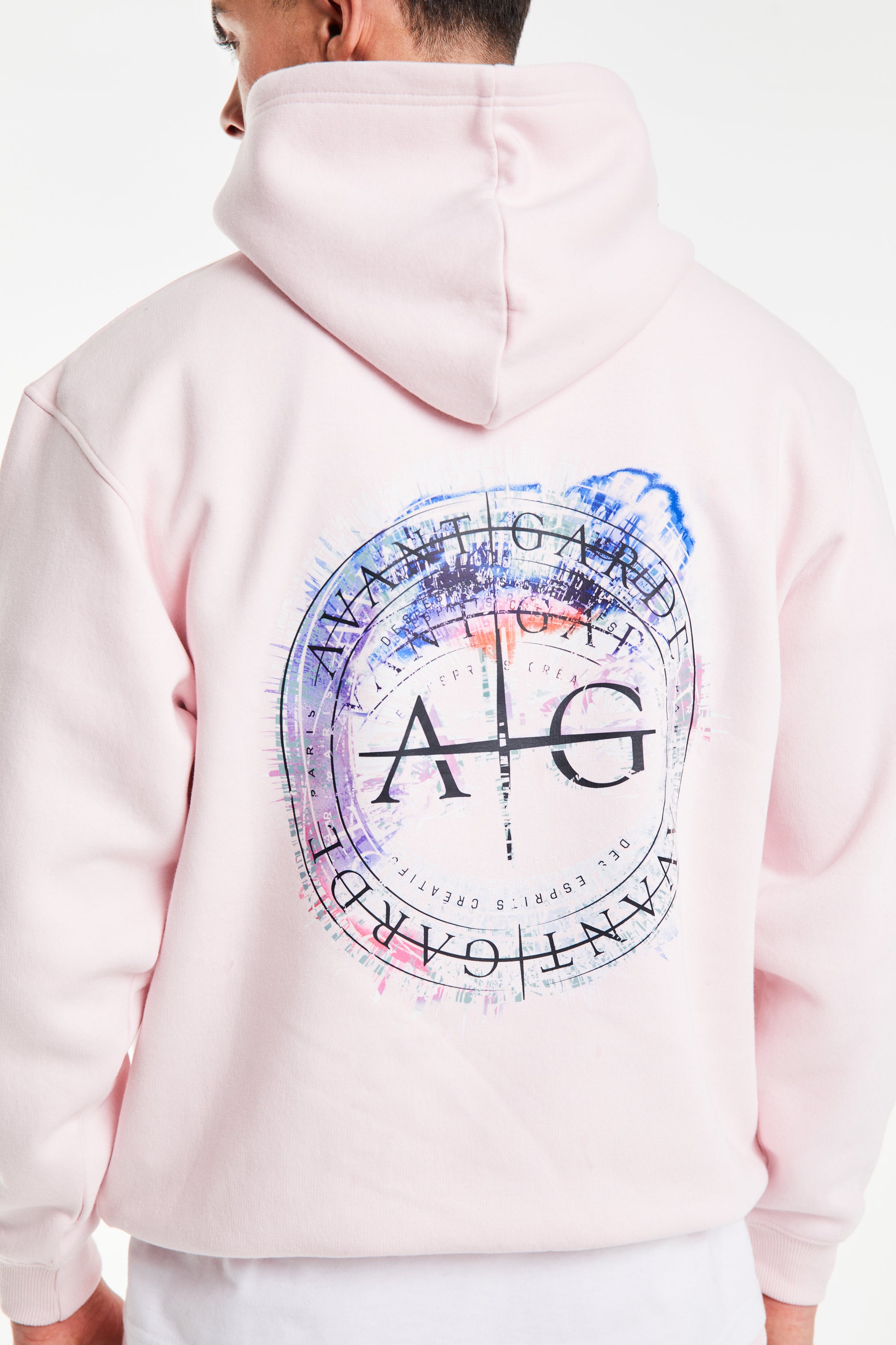 close up of bubblegum pink men's coord set 'Avant Garde' graphic logo