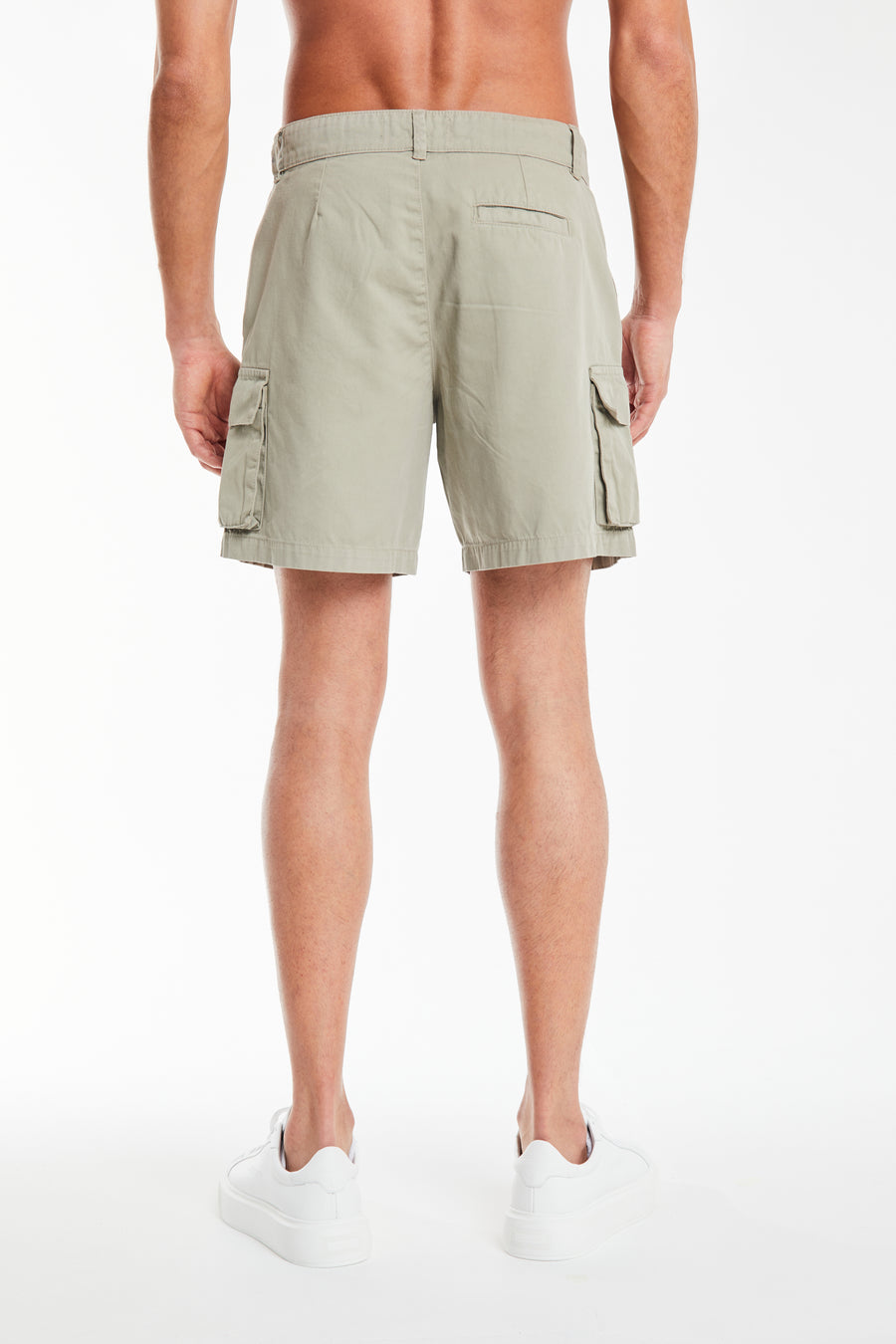 back profile of light sage green men's utility shorts