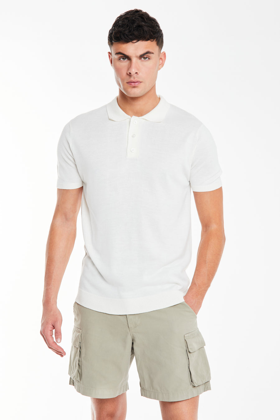men's utility shorts with two pockets styled with white polo