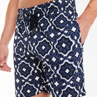 close up of men's twinsets shorts in royal blue and white pattern