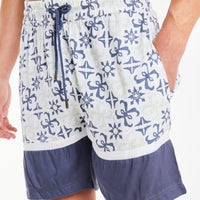 close up of men's summer twin set shorts with blue and white pattern