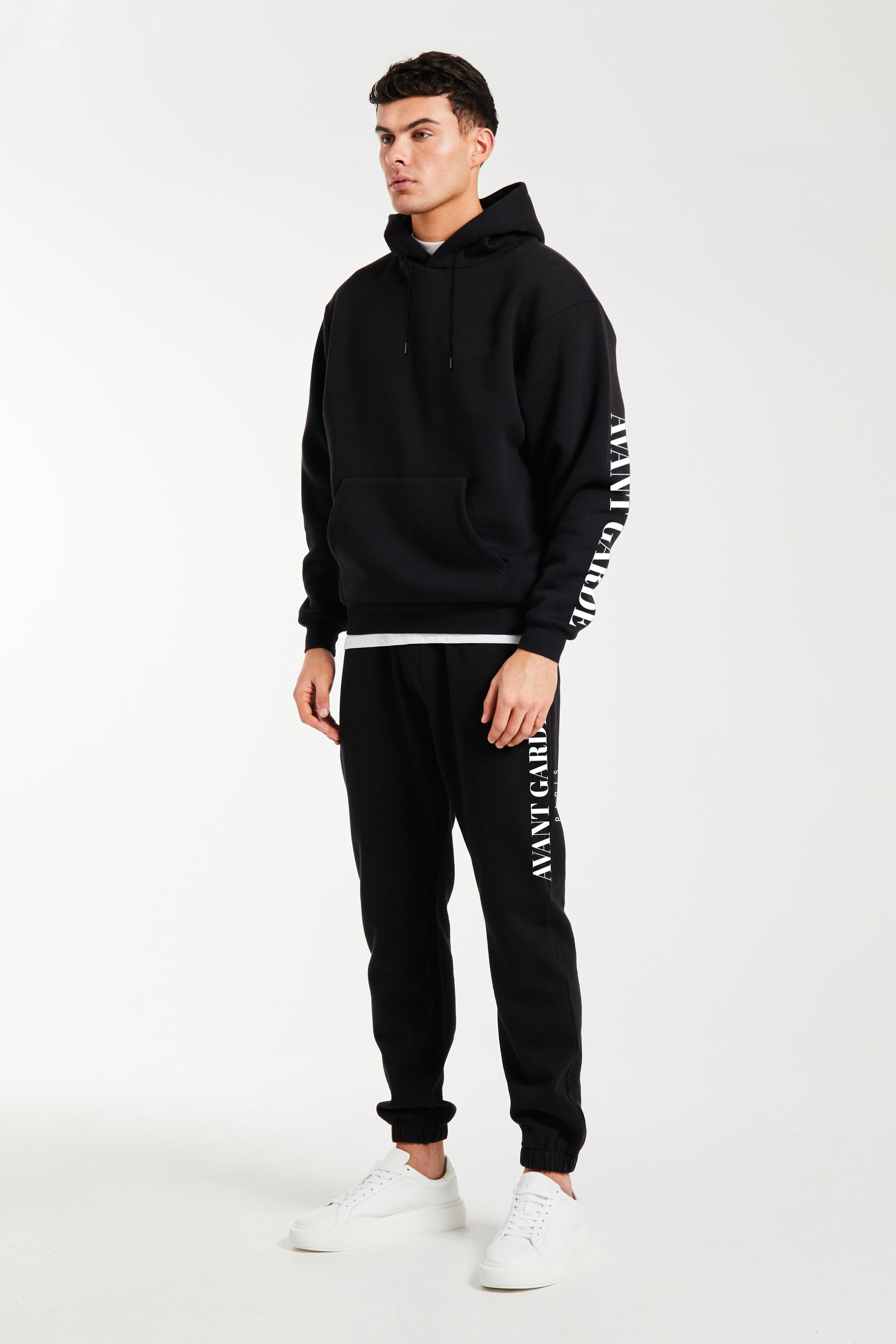 Mens black tracksuit with arm logo