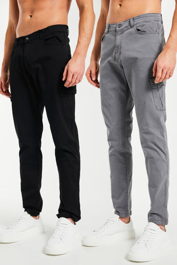 Model's wearing 2 pack pants sale in black and slate grey