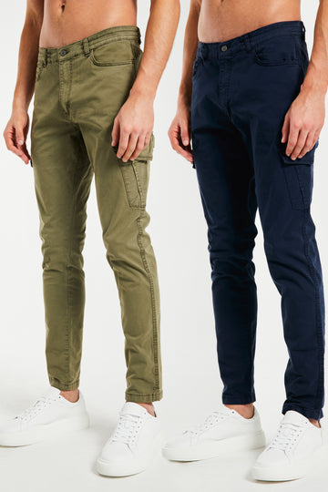 Models wearing cargo pants pack sale in black and khaki green