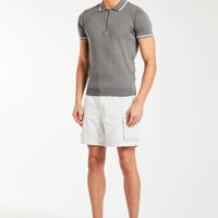 men's utility shorts in white paired with a grey polo