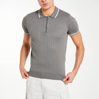 Model wearing dark grey men's t-shirt sale with white trim and zip