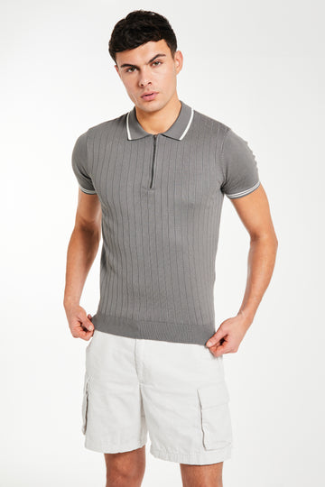 Model wearing dark grey men's t-shirt sale with white trim and zip