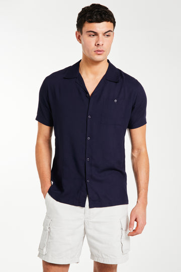 Model wearing 'Visky' summer shirt in navy blue 