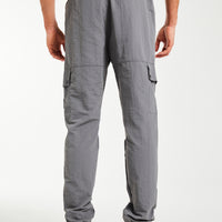 back profile of men's mens cuffed cargo pants sale in charcoal grey