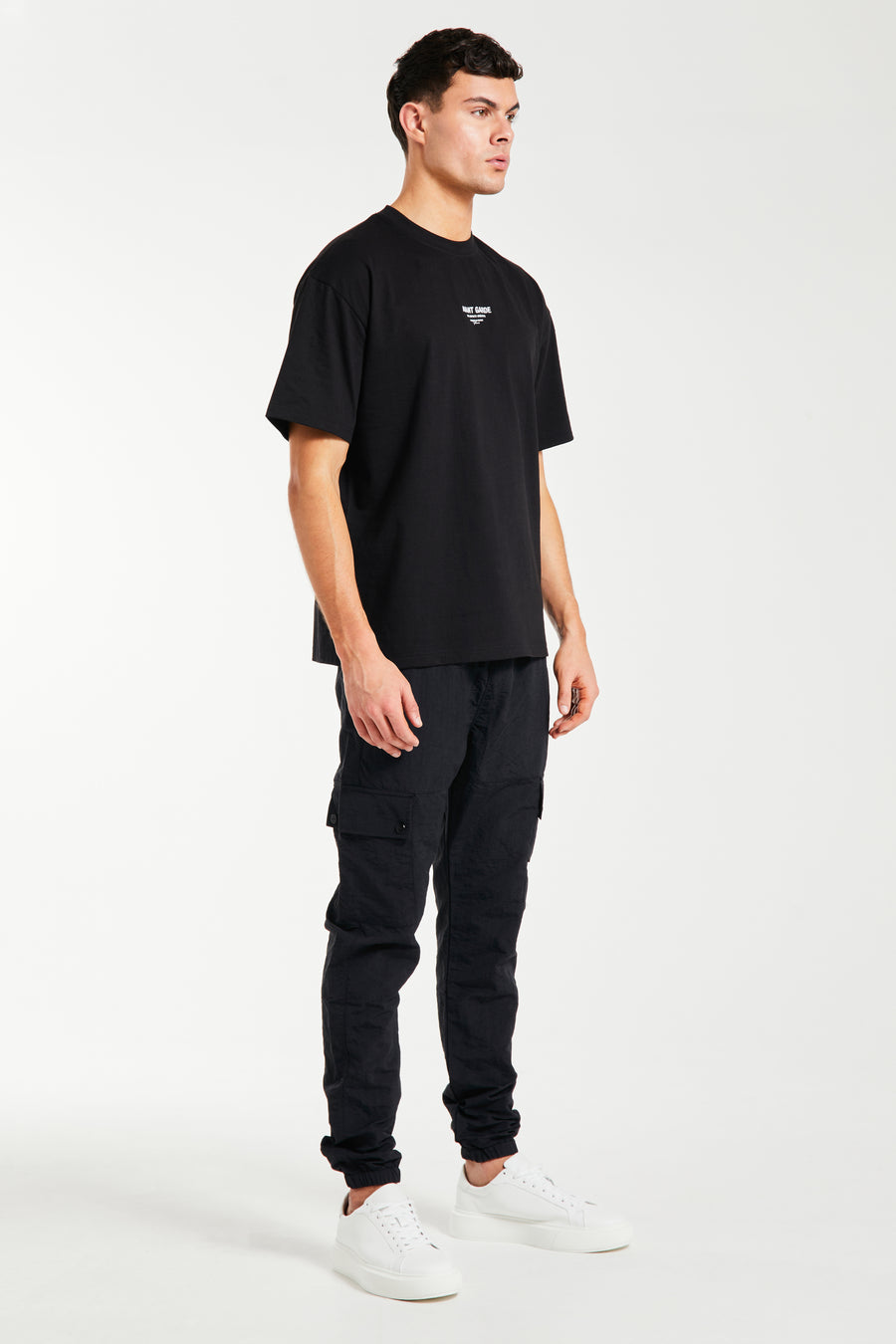 side profile of cheap cargo pants for men in black