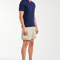 men's utility shorts in oatmeal with blue polo
