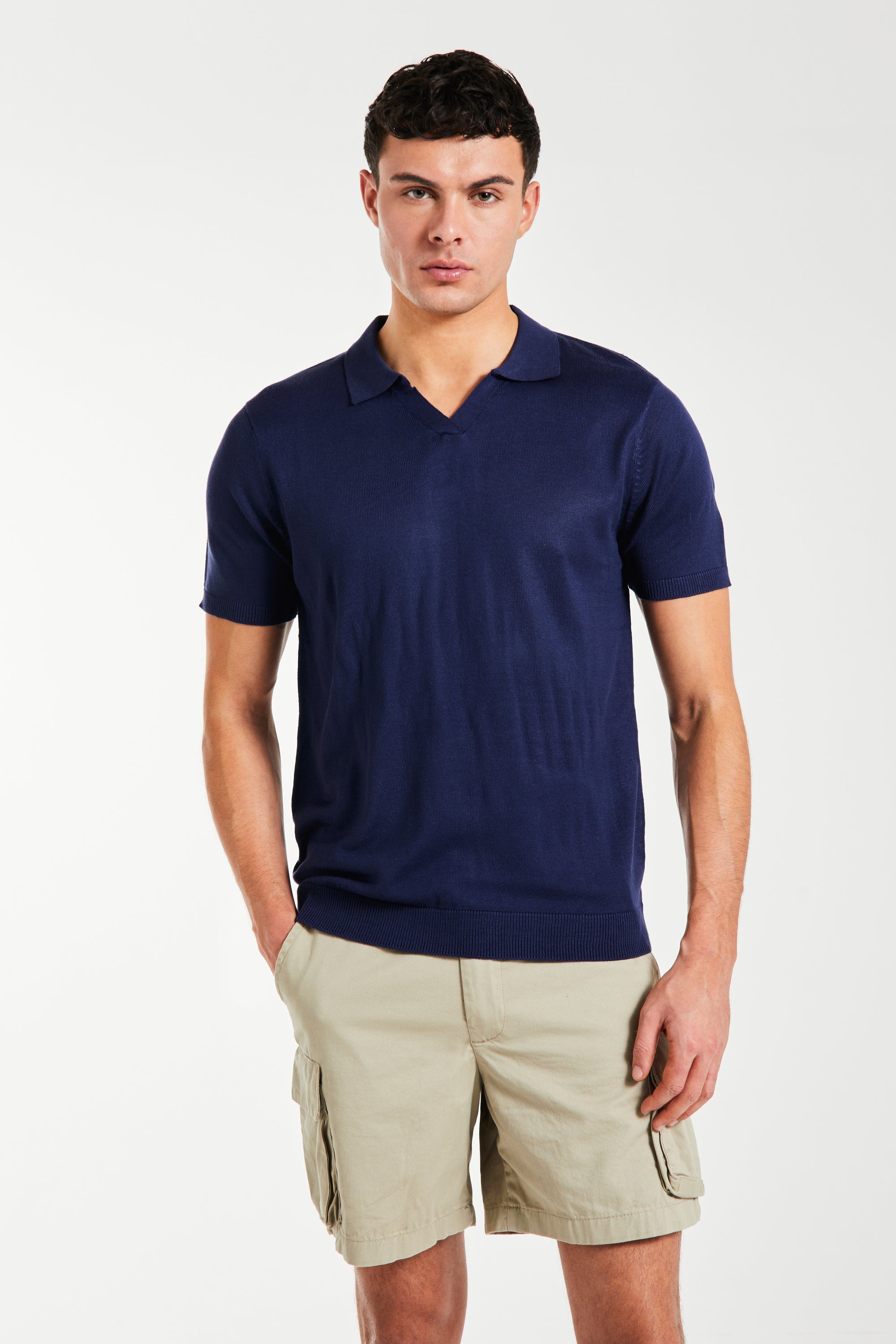 men's utility shorts in beige style with navy polo