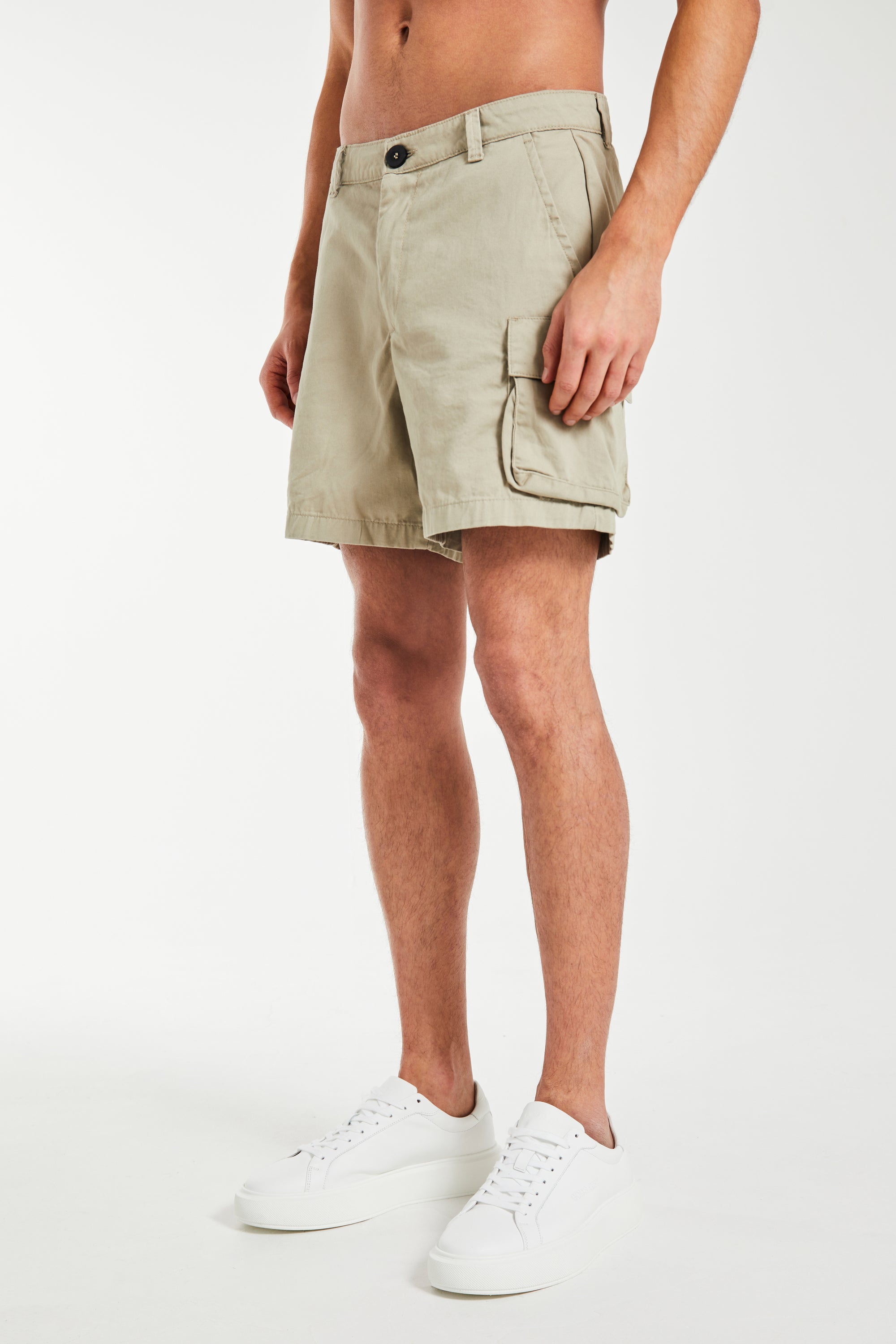 model wearing &#39;Williams&#39; men&#39;s utility shorts in oatmeal