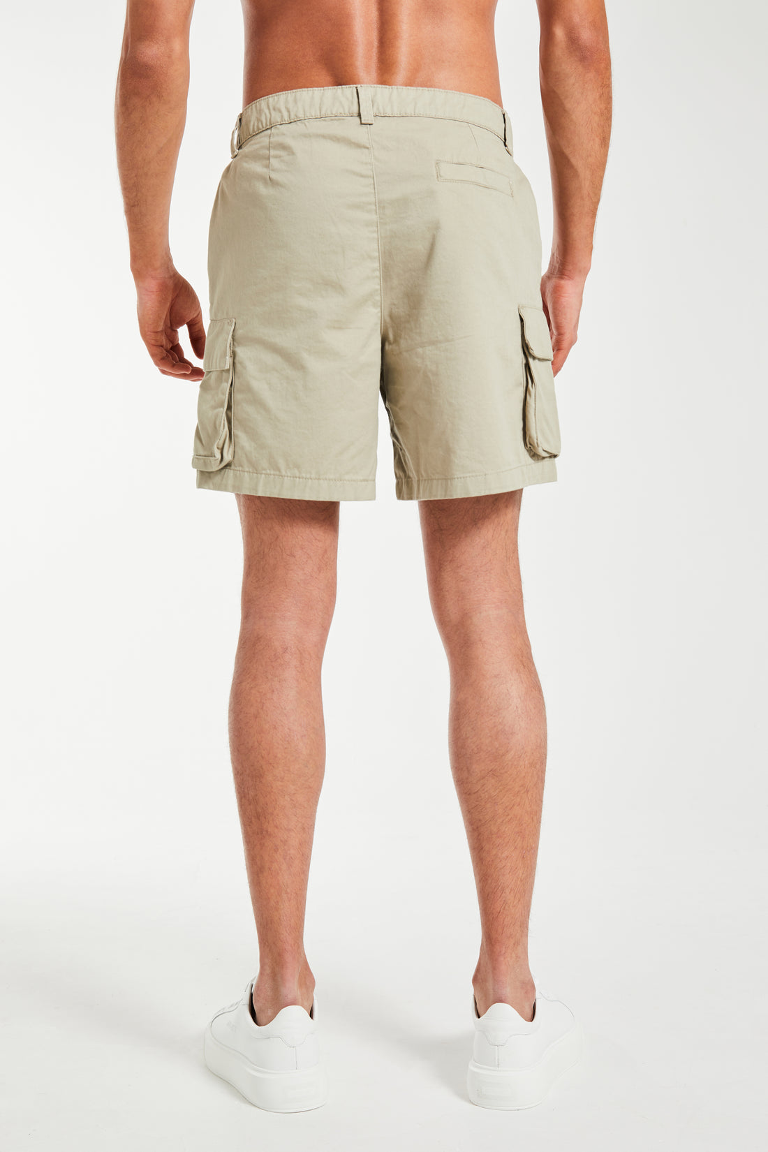 back profile of 'Williams' men's utility shorts in oatmeal 