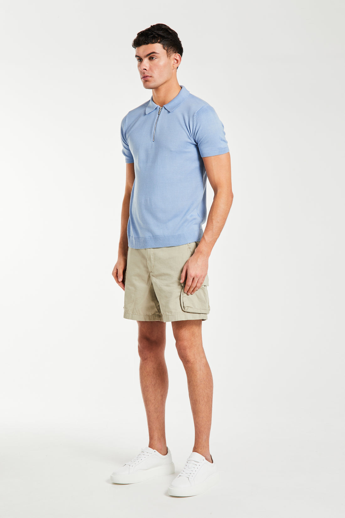Men's zip knitted polo in blue with shorts
