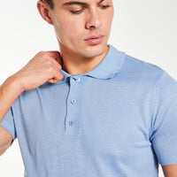 close up of a button up sky blue knitted polo