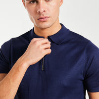 close up of zip knitted polo in a dark blue