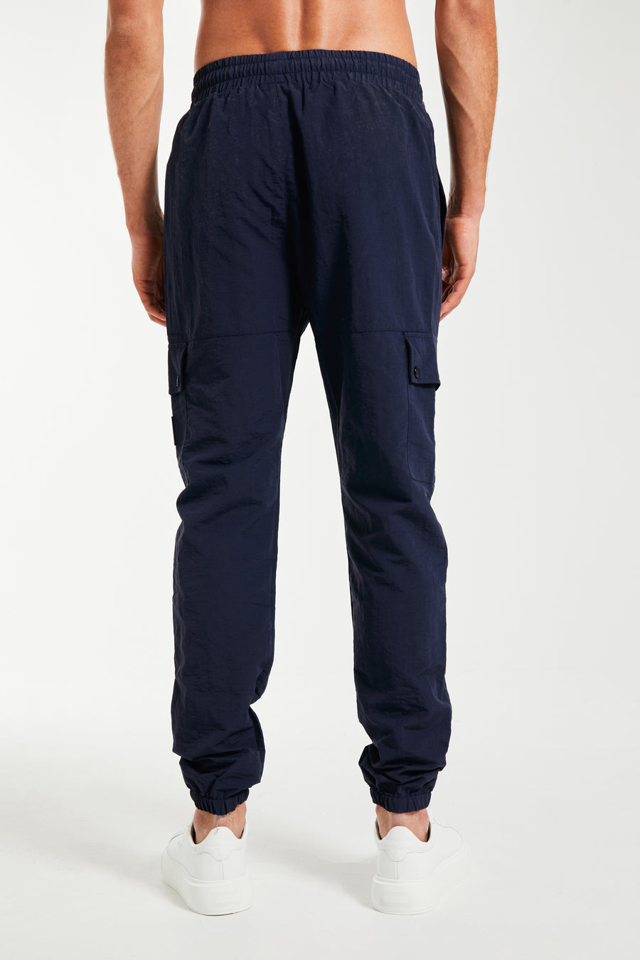 back profile of cheap cargo pants for men in royal blue