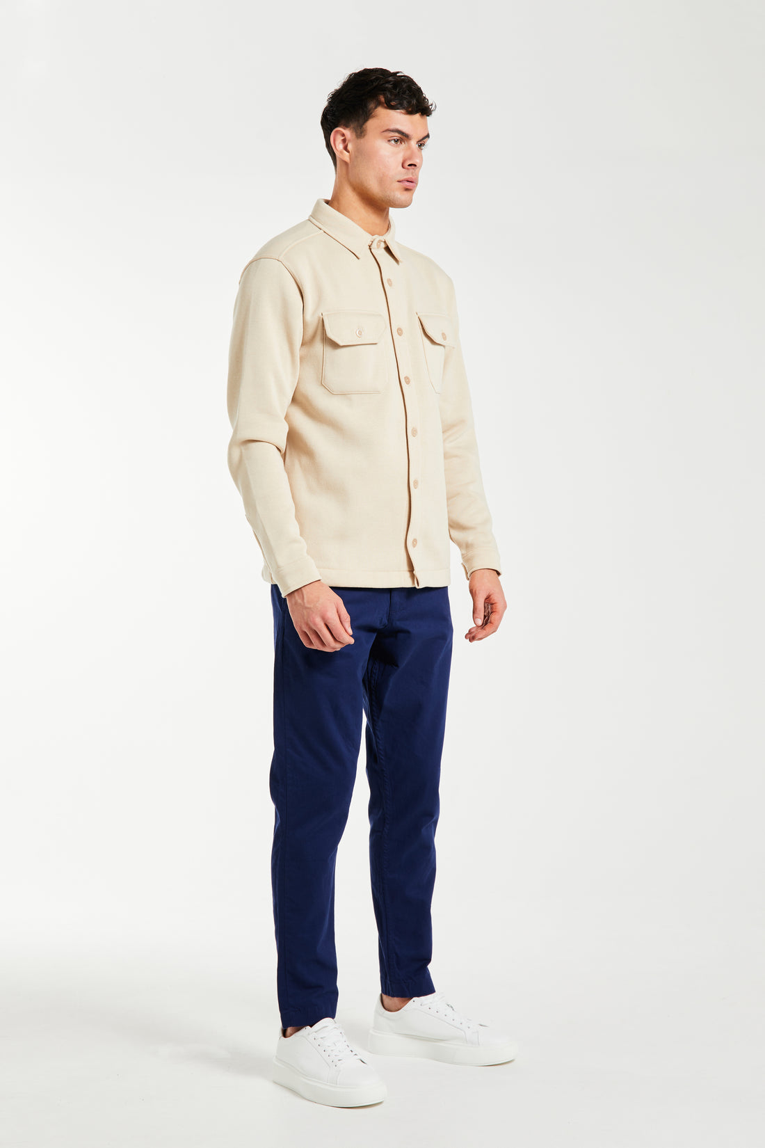 side profile of men's overshirt in stone