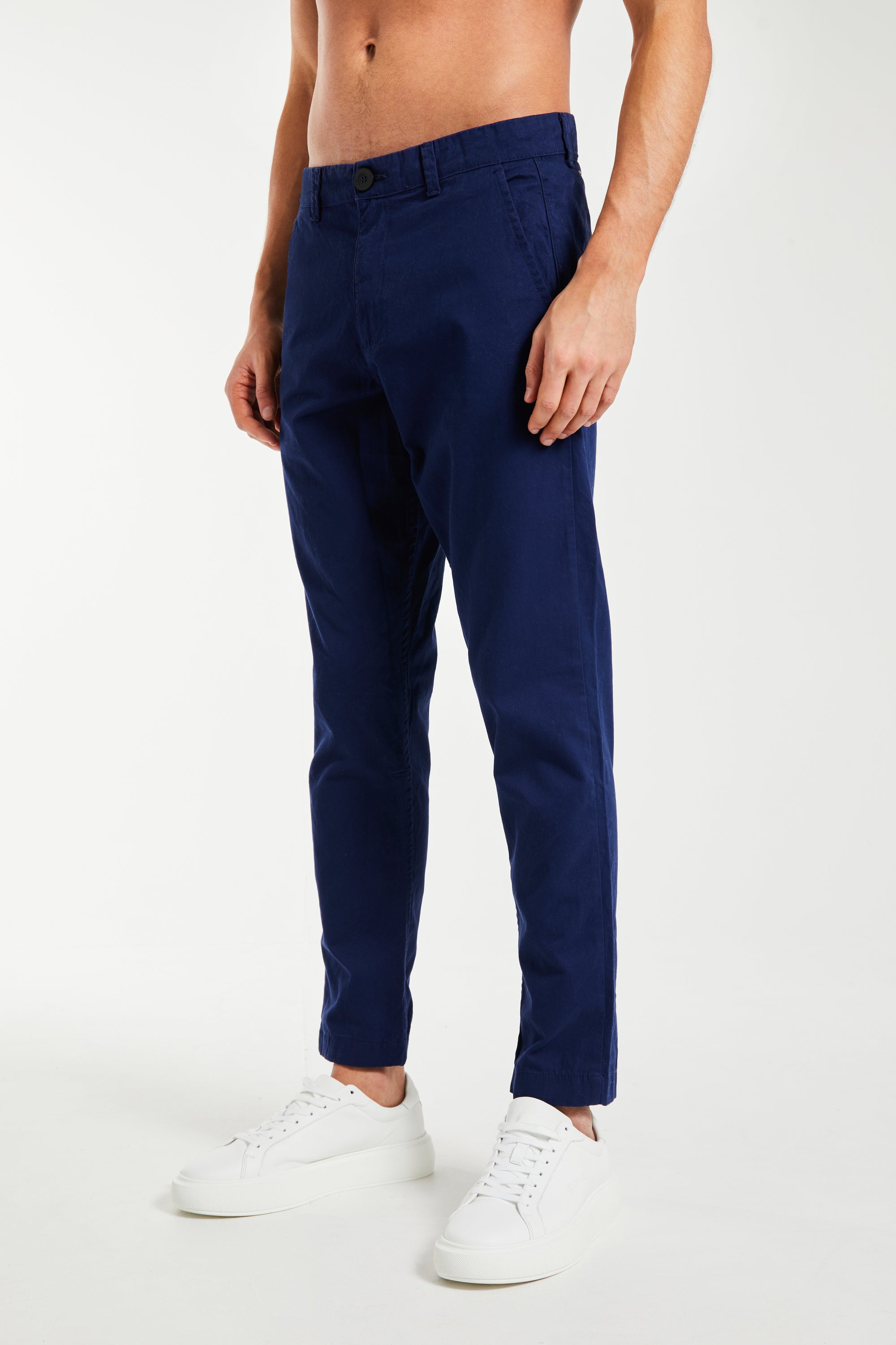 Model wearing men's chinos in dark blue