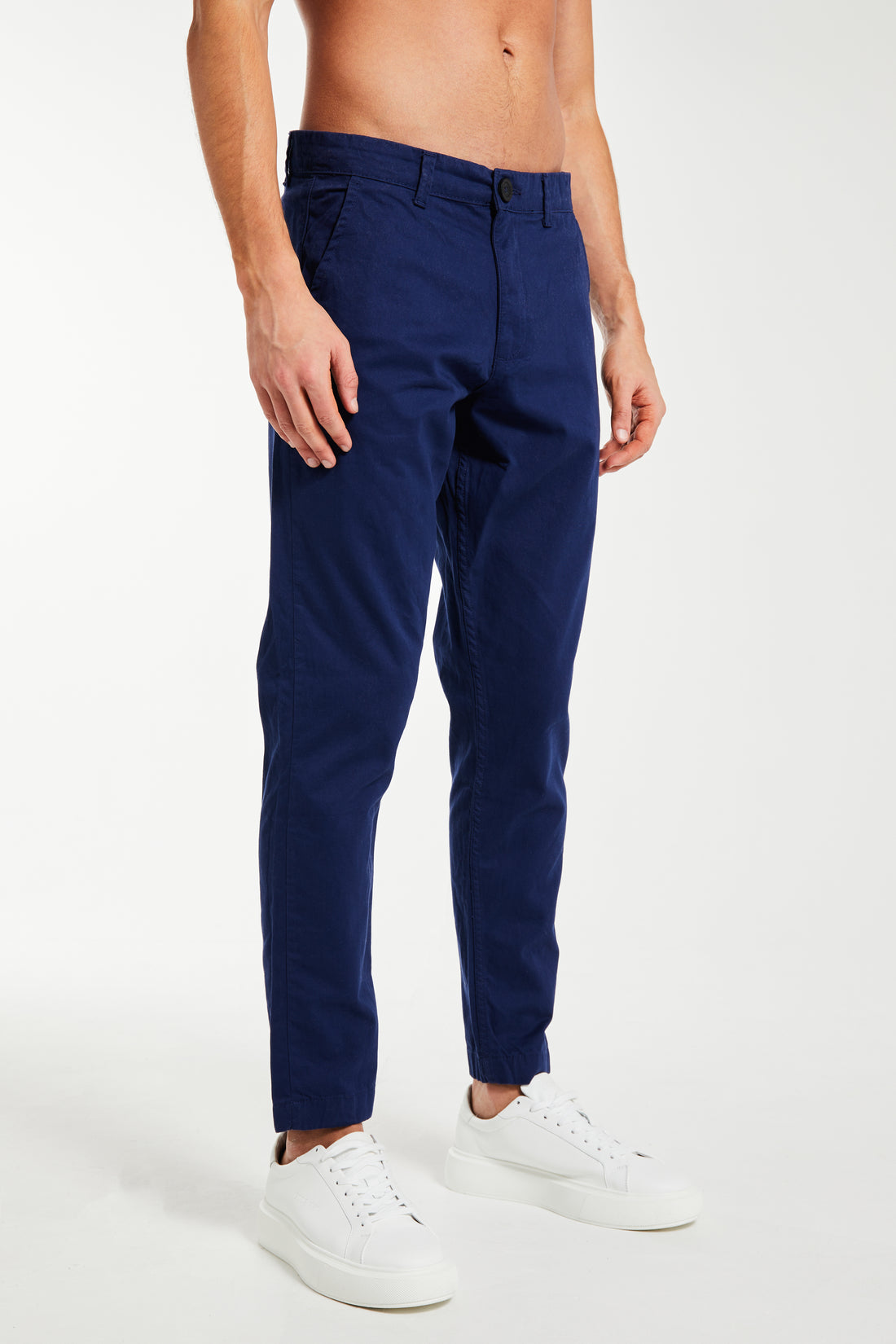 Navy blue cheap men's chinos that are straight legged